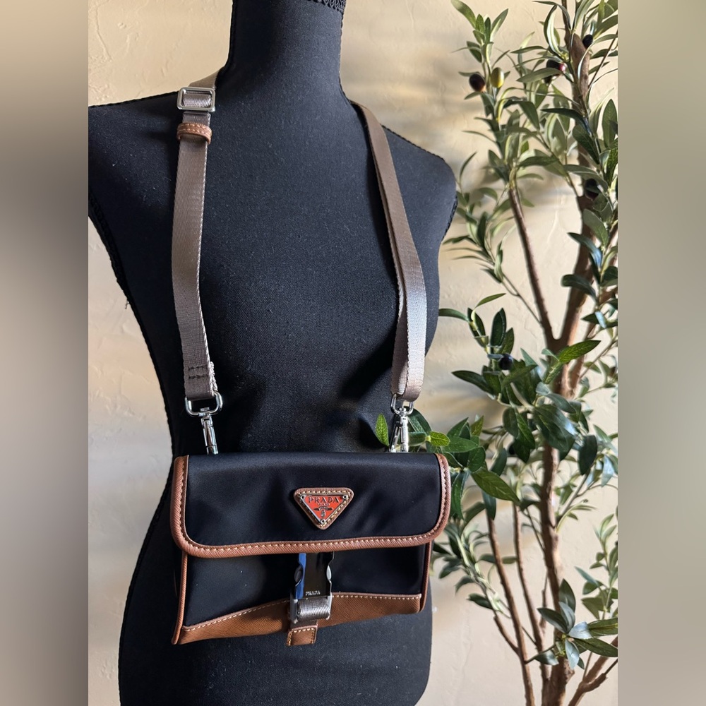 Prada Black Nylon Crossbody with Brown Trim and Beige Strap
